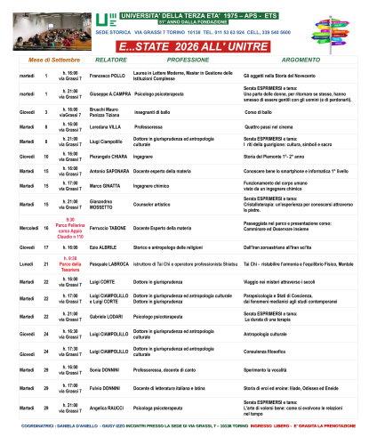 unitre 2026 settembre